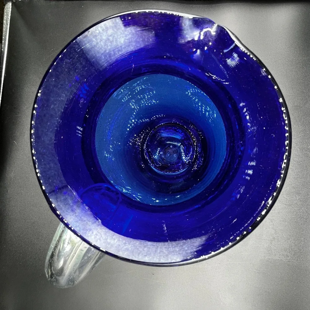 Vtg Cobalt Blue Hand Blown Glass Pitcher Clear Handle 9.25